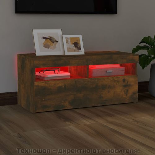 ТВ шкаф с LED осветление, опушен дъб, 90x35x40 см