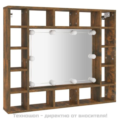 Огледален шкаф с LED, опушен дъб, 91x15x76,5 см