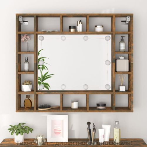 Огледален шкаф с LED, опушен дъб, 91x15x76,5 см