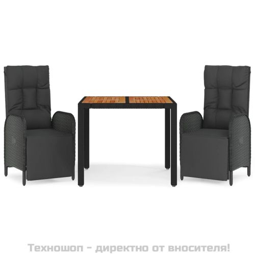 Градински комплект от 3 части с възглавници черни полиратан