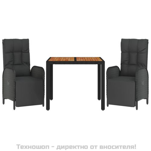 Градински комплект от 3 части с възглавници черни полиратан