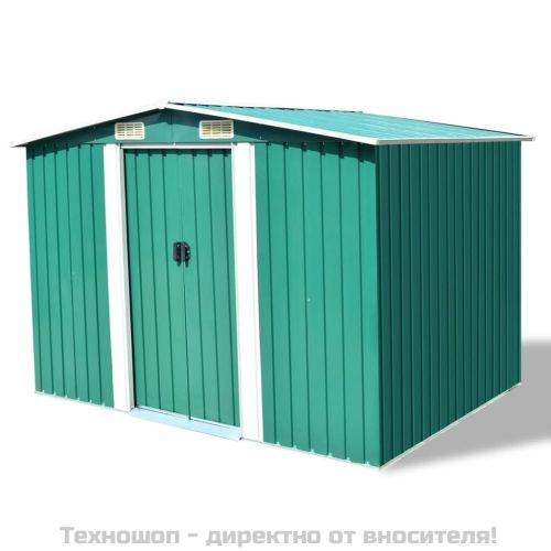 Градинска барака за съхранение, зелена, метал, 257x205x178 см
