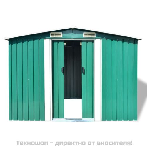 Градинска барака за съхранение, зелена, метал, 257x205x178 см
