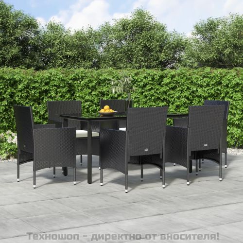 Градински трапезен комплект с възглавници 7 части черен