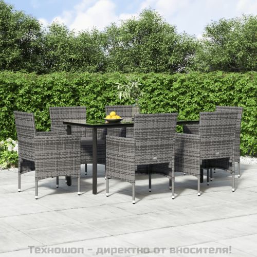 Градински трапезен комплект с възглавници 7 части сиво и черно