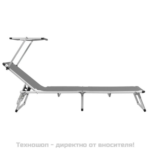 Сгъваем шезлонг със сенник, алуминий и Textilene, сив