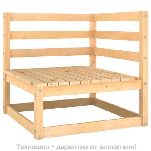 Градински ъглов диван със сиви възглавници, борово дърво масив