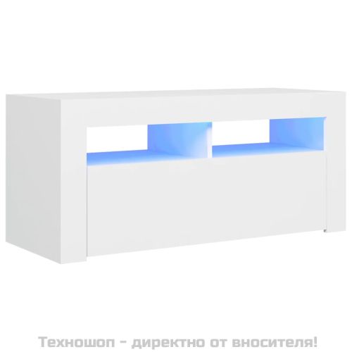 ТВ шкаф с LED осветление, бял, 90x35x40 см