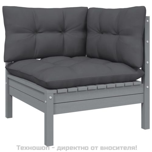 Градински лаундж комплект 3 части с възглавници сив бор масив