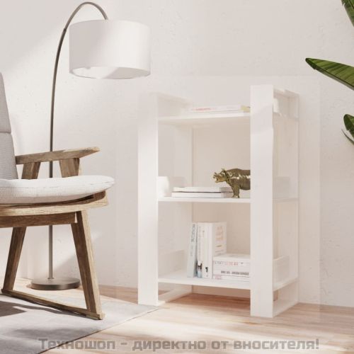 Библиотека/разделител за стая, бяла, 60x35x91 см, бор масив