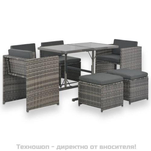 Градински комплект с възглавници, 7 части, полиратан, сив