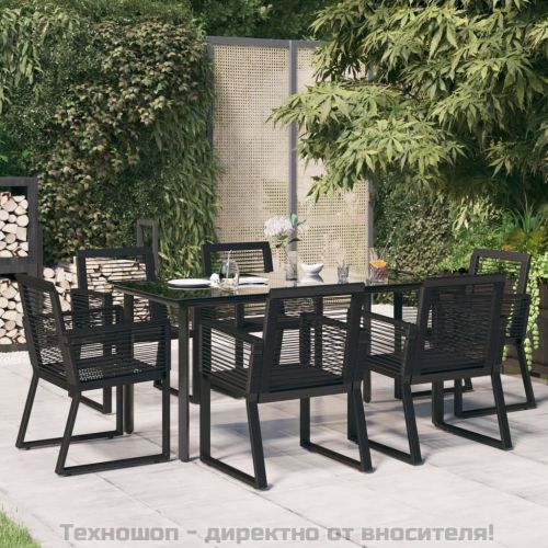 Градински трапезен комплект от 7 части, черно, PVC ратан