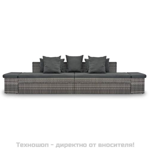 Градински комплект с възглавници, 4 части, сив полиратан