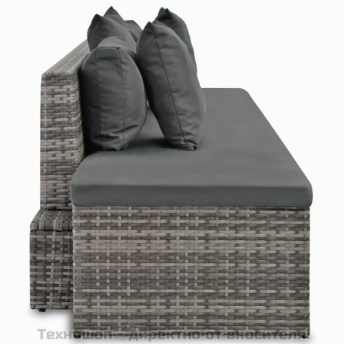 Градински комплект с възглавници, 4 части, сив полиратан