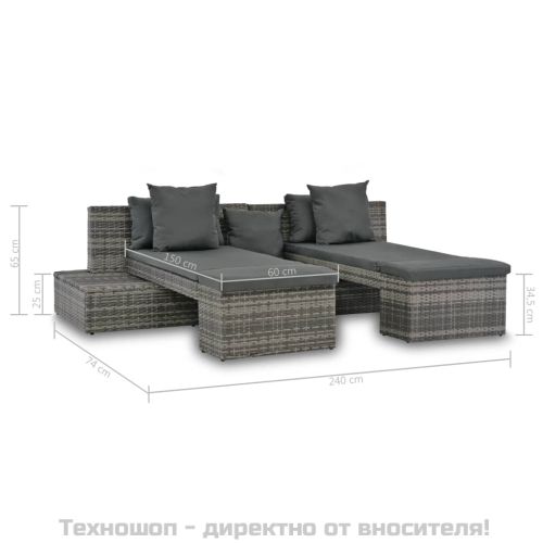 Градински комплект с възглавници, 4 части, сив полиратан