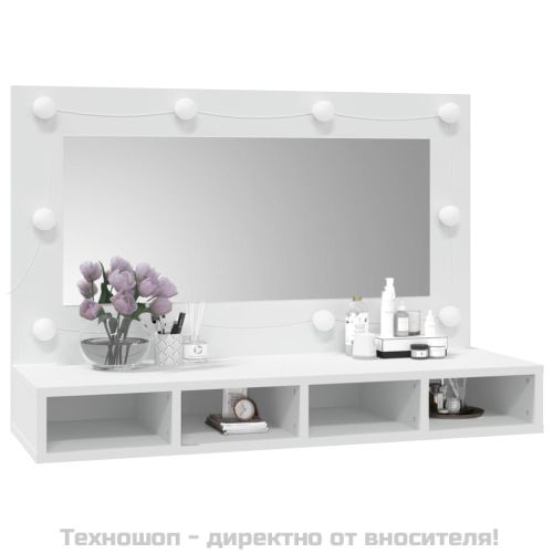 Огледален шкаф с LED, бял, 90x31,5x62 см