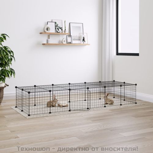 Клетка за животни с врата, 28 панела, черна, 35x35 см, стомана