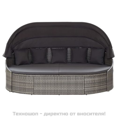 Градинско лаундж легло със сенник, полиратан, сиво