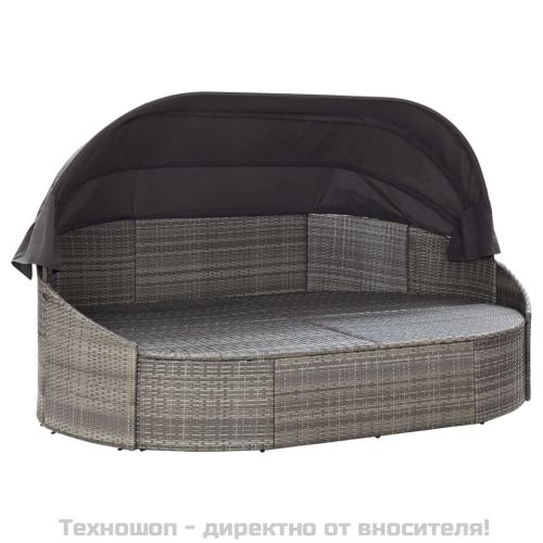 Градинско лаундж легло със сенник, полиратан, сиво