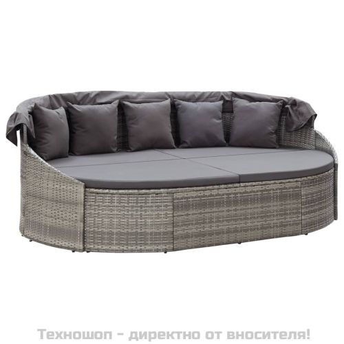 Градинско лаундж легло със сенник, полиратан, сиво