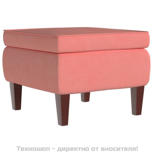 Табуретка с дървени крака, розова, кадифе