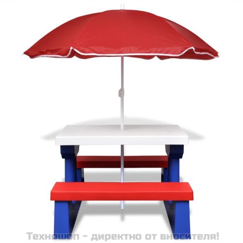 Детска пикник маса с пейки и чадър, многоцветна