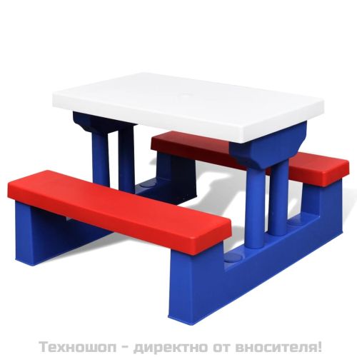 Детска пикник маса с пейки и чадър, многоцветна