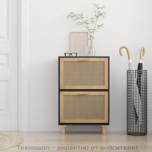 Шкаф за обувки черен 52x25x80 см инженерно дърво и ратан