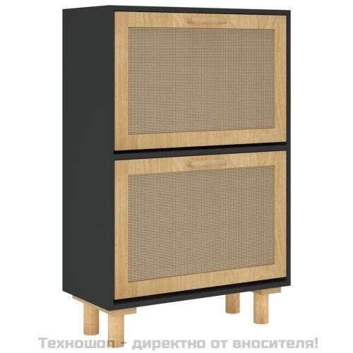 Шкаф за обувки черен 52x25x80 см инженерно дърво и ратан