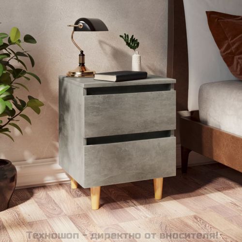 Нощно шкафче с крака от боров масив, бетонно сиво, 40x35x50 см