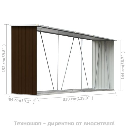 Навес за дърва, поцинкована стомана, 330x84x152 см, кафяв