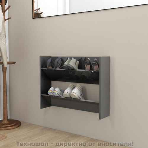 Стенен шкаф за обувки, сив гланц, 80x18x60 см, инженерно дърво
