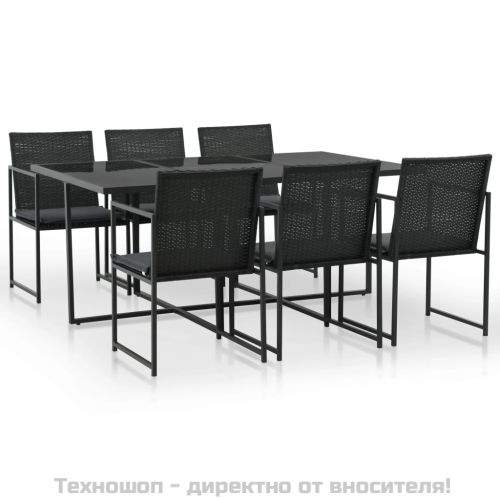 Градински комплект с възглавници, 7 части, полиратан, черен