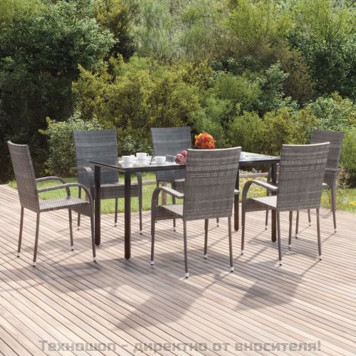 Градински трапезен комплект от 7 части, полиратан, сив