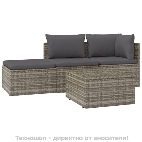 Градински лаундж комплект с възглавници 4 части сив полиратан