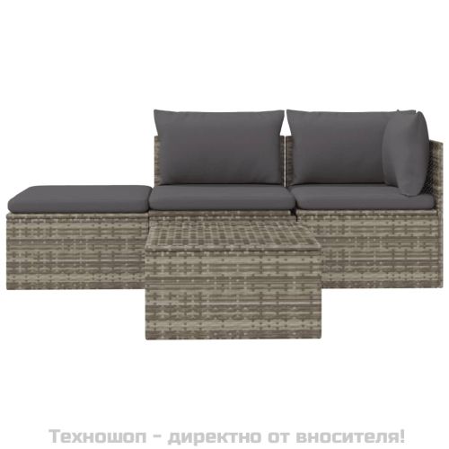 Градински лаундж комплект с възглавници 4 части сив полиратан