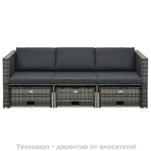 Градински комплект с възглавници, 4 части, полиратан, сив