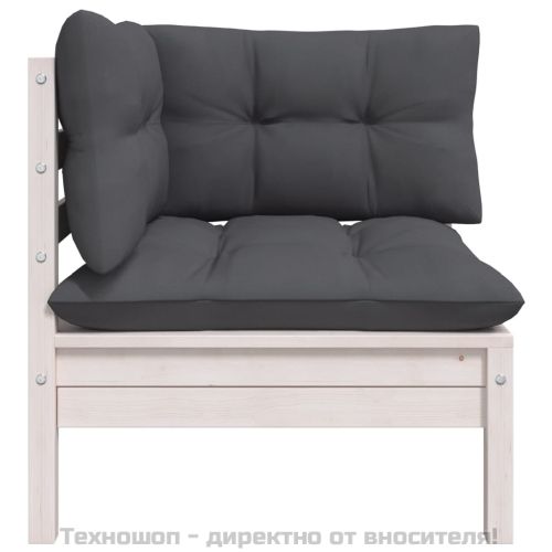 Градински ъглов диван с възглавници, бял, бор масив