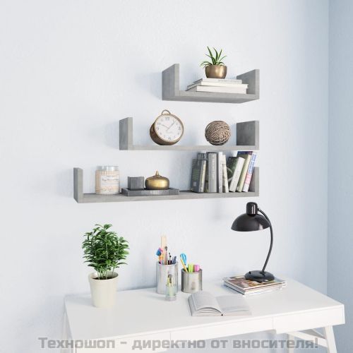 Стенни рафтове, 3 бр, бетонно сиво, инженерно дърво