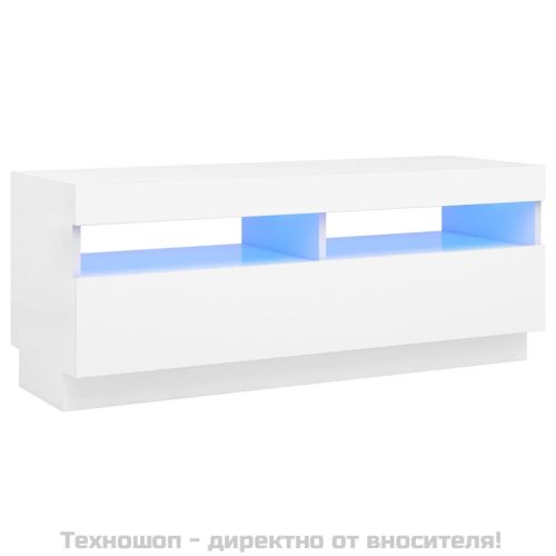 ТВ шкаф с LED осветление, бял, 100x35x40 см