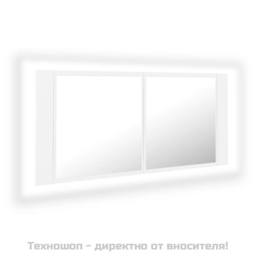 Шкаф с LED огледало за баня, бял, 100x12x45 см, акрил