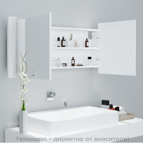 Шкаф с LED огледало за баня, бял, 100x12x45 см, акрил