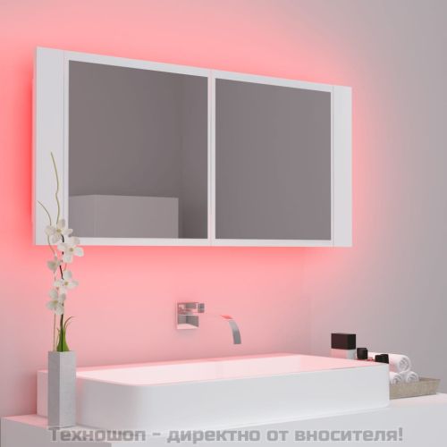 Шкаф с LED огледало за баня, бял, 100x12x45 см, акрил