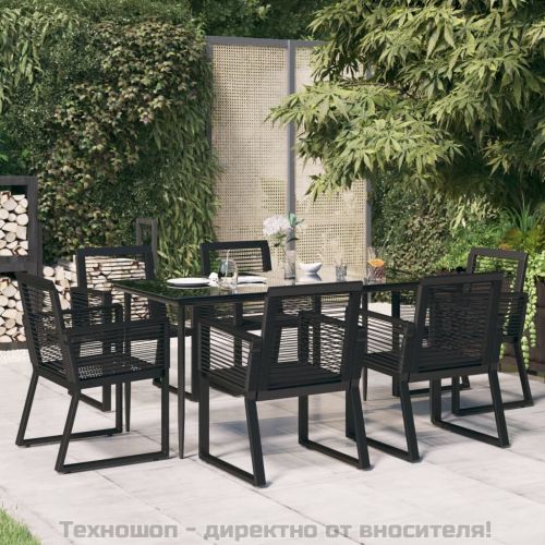 Градински трапезен комплект от 7 части, черно, PVC ратан