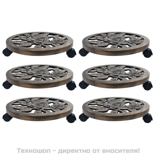 Поставки за цветя на колелца, 6 бр, бронз, 38 см, пластмаса
