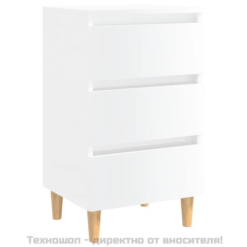 Нощно шкафче с крака от дърво масив, бял гланц, 40x35x69 см