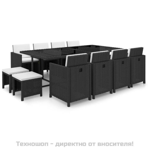 Градински комплект с възглавници, 13 части, черен полиратан