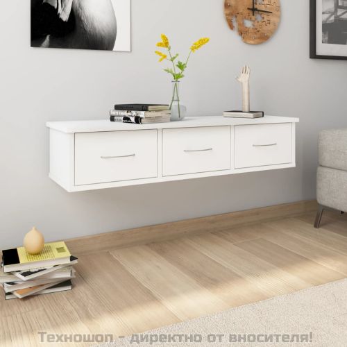 Стенен рафт с чекмеджета, бял, 88x26x18,5 см, инженерно дърво