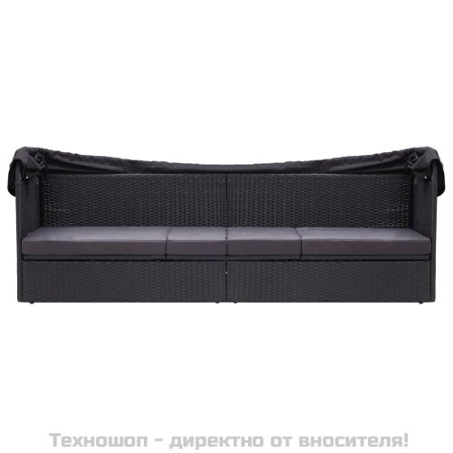 Градински диван със сенник, полиратан, черен