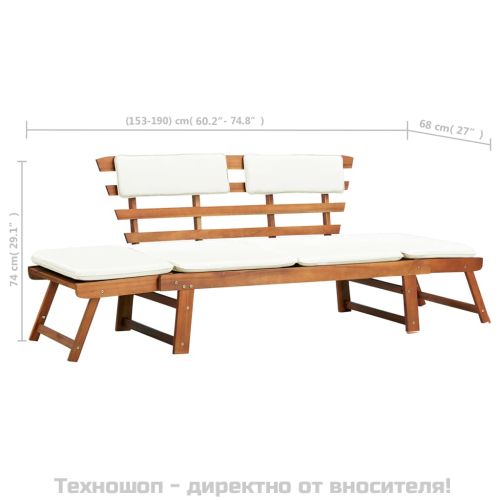 Градинска пейка с възглавници 2-в-1, 190 см, акация масив